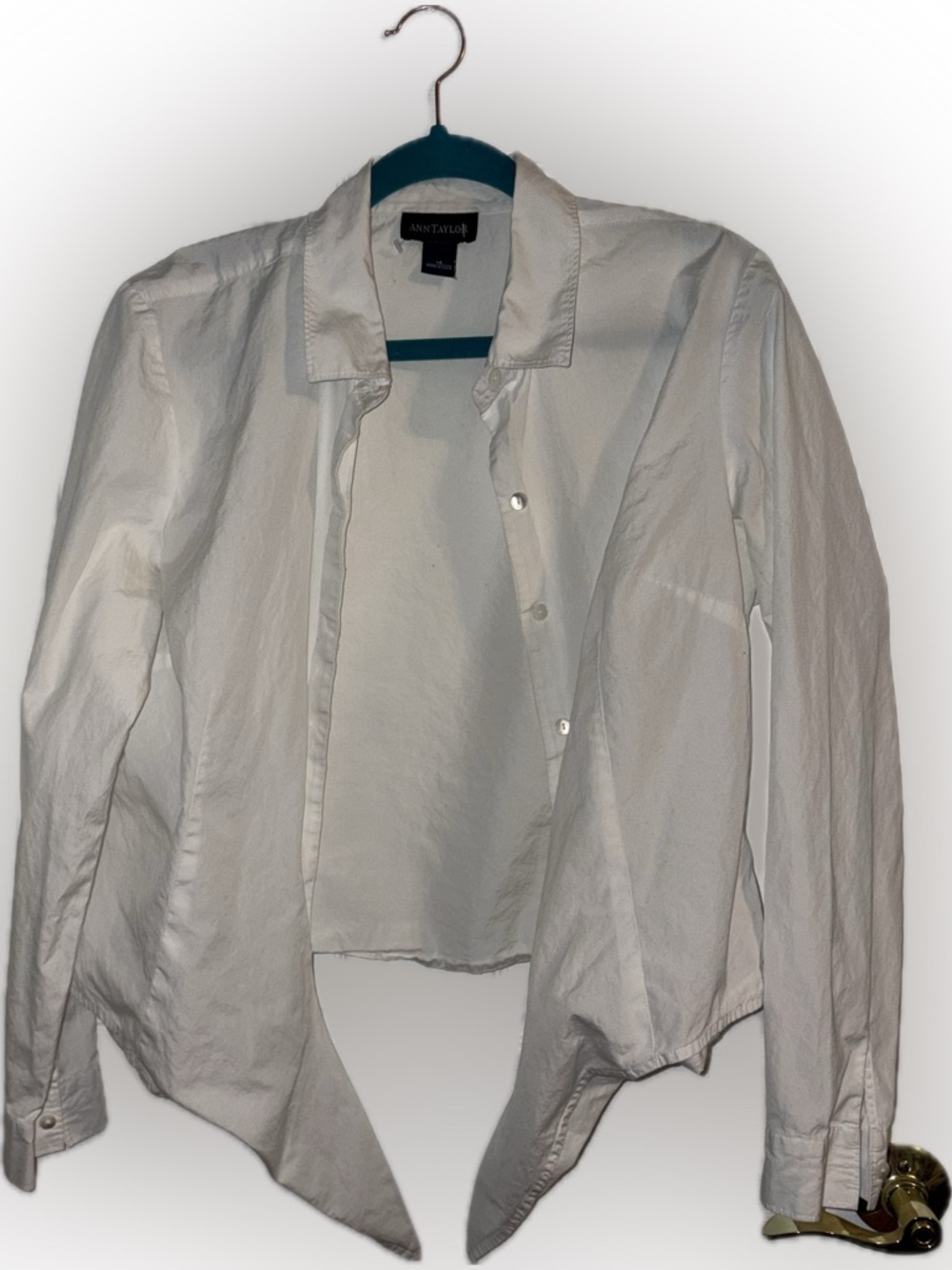 Ann Taylor Button-Up Shirt Women’s 14 White Cotton Woven Long Sleeve Tie-Front